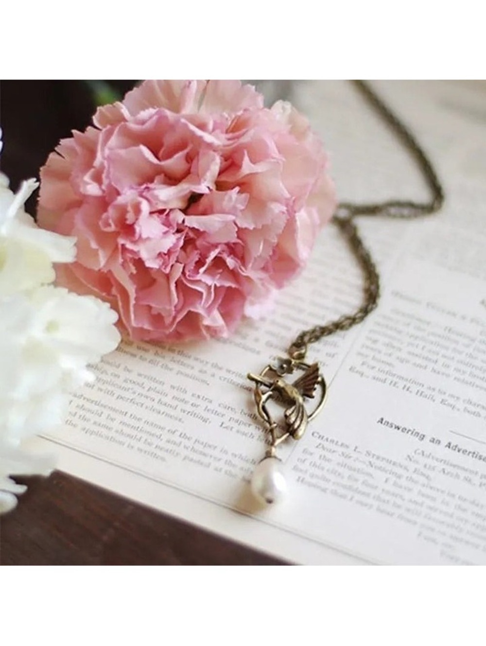 Antiqued Brass Bronze Hummingbird and Teardrop Cream Faux Pearl Pendant Necklace